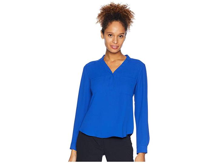 Nine West Long Sleeve Lightweight Crepe Two-pocket Blouse (royal) Women's Blouse