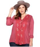 Lucky Brand Plus Size Printed Woven Mix Henley (red Multi) Women's Clothing