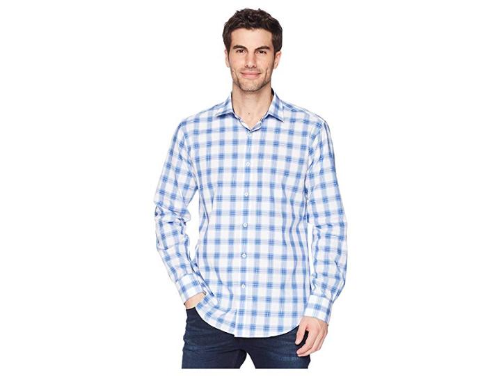 Bugatchi Shaped Fit Woven Shirt (classic Blue 1) Men's Long Sleeve Pullover