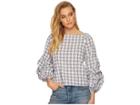 J.o.a. Tiered Sleeve Wide Neck Top (navy/white Plaid) Women's Clothing