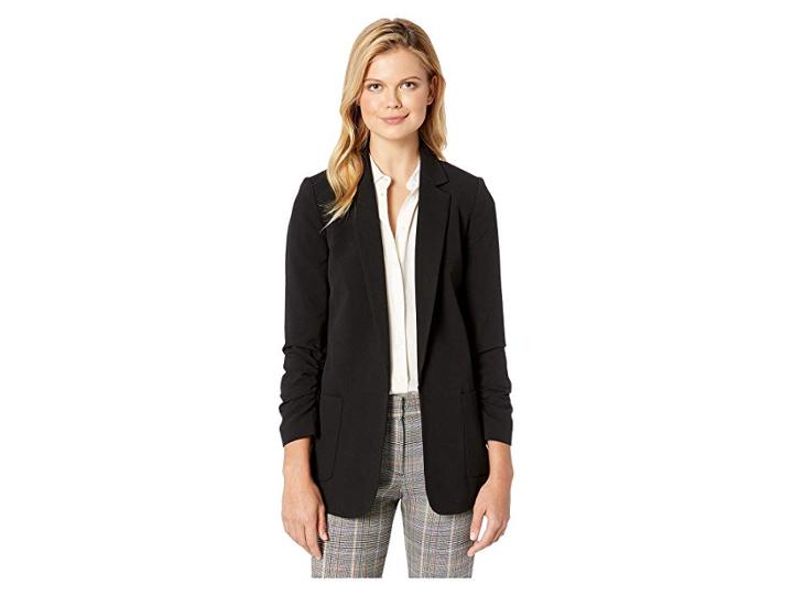 Tahari By Asl Bi-stretch Open Jacket With Ruched Sleeve (black) Women's Coat