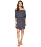 Kensie Oxford Stripe Off Shoulder Shirting Dress Ks8k9673 (classic Navy Combo) Women's Dress
