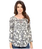 Lucky Brand Printed Mixed Trim Top (blue Multi) Women's Clothing