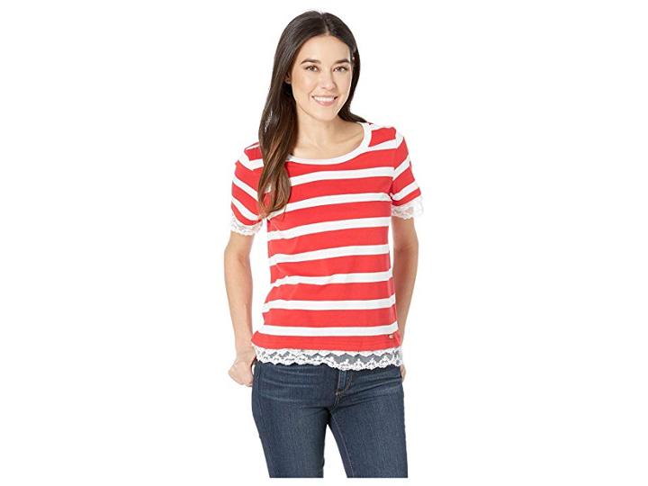 U.s. Polo Assn. Stripe Lace Trim T-shirt (racing Red) Women's Clothing