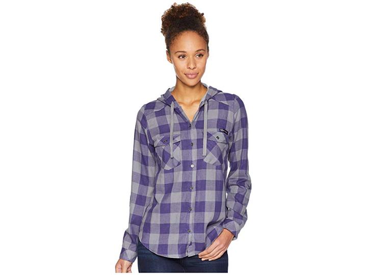 Columbia Collegiate Times Twotm Hooded Long Sleeve Shirt (uw/deep Purple Check) Women's Long Sleeve Button Up