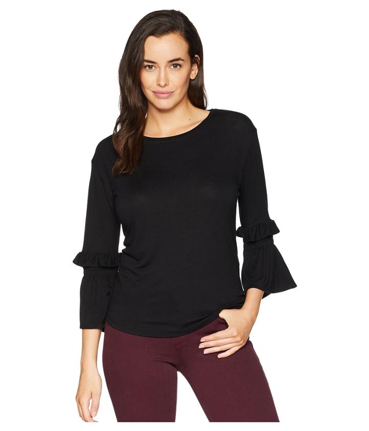 Alexander Jordan Long Sleeve Top With Ruffle And Smocked Sleeve (black) Women's Clothing
