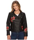 Tribal Biker Jacket With Floral Patches (black) Women's Coat