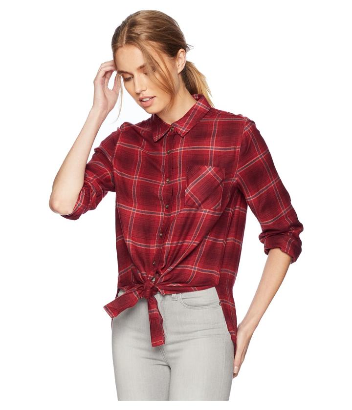 Pink Rose Button Down Shirt W/ Front Tie (red/burgundy) Women's Clothing