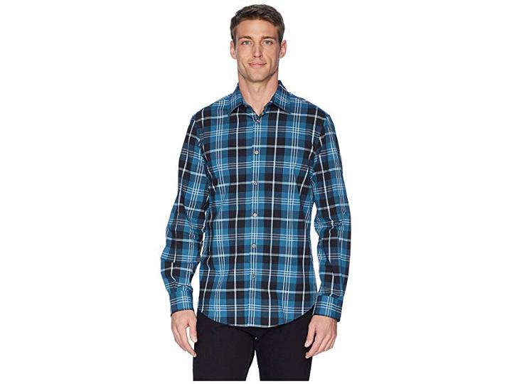 Perry Ellis Total Stretch Oversize Exploded Plaid Shirt (legion Blue) Men's Long Sleeve Button Up