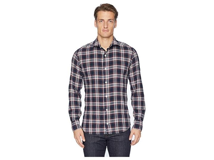 Eleventy Check Spread Collar Brushed Flannel Shirt (navy) Men's Clothing