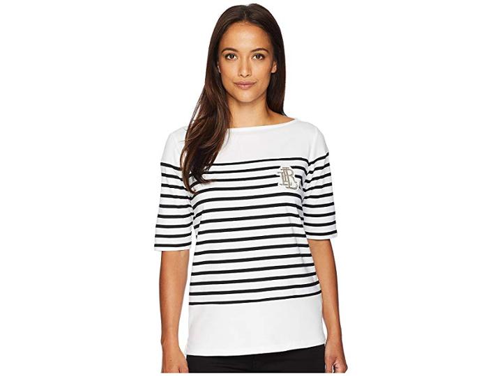 Lauren Ralph Lauren Petite Striped Bullion Jersey Top (soft White/polo Black) Women's Clothing