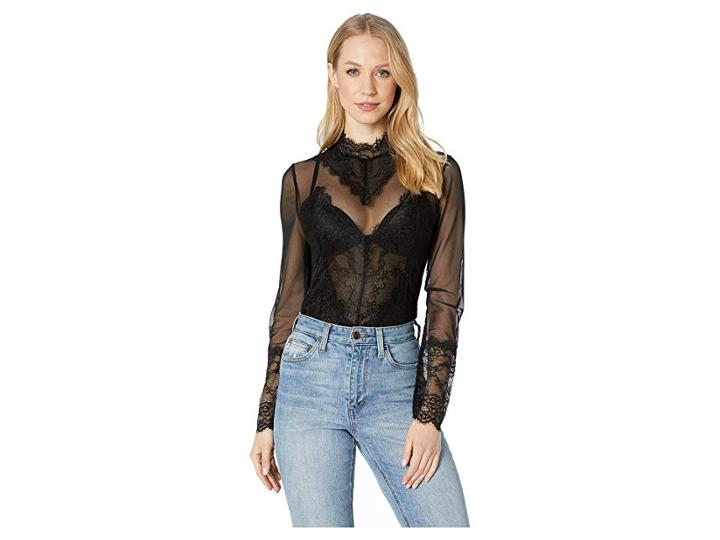 Bcbgmaxazria Sheer Scalloped Lace Bodysuit (black) Women's Jumpsuit & Rompers One Piece