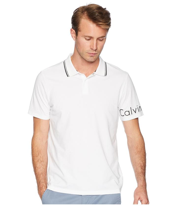 Calvin Klein Short Sleeve V-neck Polo With Printed Sleeve Logo (standard White) Men's Clothing