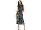 London Times Swirling Petal Pleat Neck Cropped Jumpsuit (black/teal) Women's Jumpsuit & Rompers One Piece