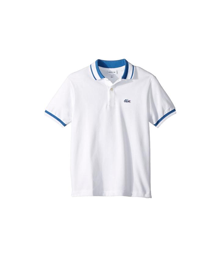 Lacoste Kids Short Sleeve Candy Stripe Croc Polo (infant/toddler/little Kids/big Kids) (white/elysee Blue) Boy's Short Sleeve Pullover
