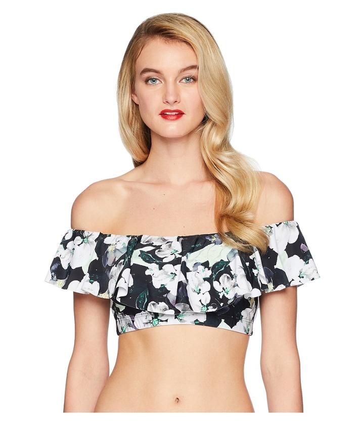 Unique Vintage Ramona Off Shoulder Top (black/white Floral) Women's Swimwear