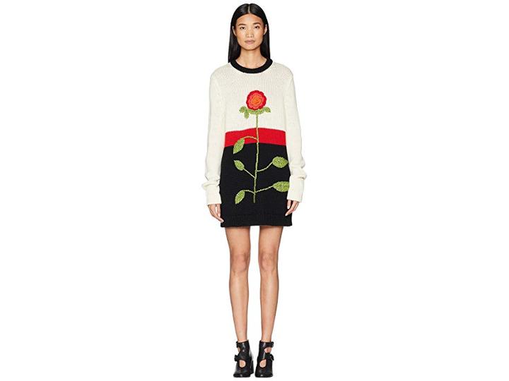 Red Valentino Wool Yarn, Color Blocks And Hand Stitched Flower Embroidery Sweater Dress (ivory/cherry/black) Women's Clothing