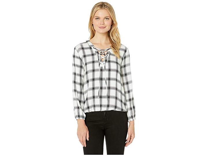 Liverpool Lace-up Popover With Gathered Sleeve (black/white) Women's Clothing
