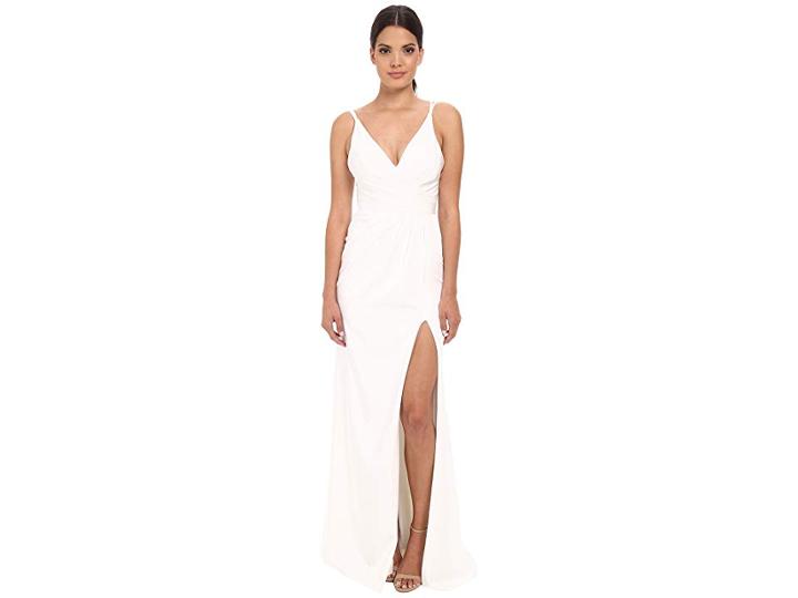 Faviana Faille Satin V-neck Gown With Draped Skirt (ivory) Women's Dress