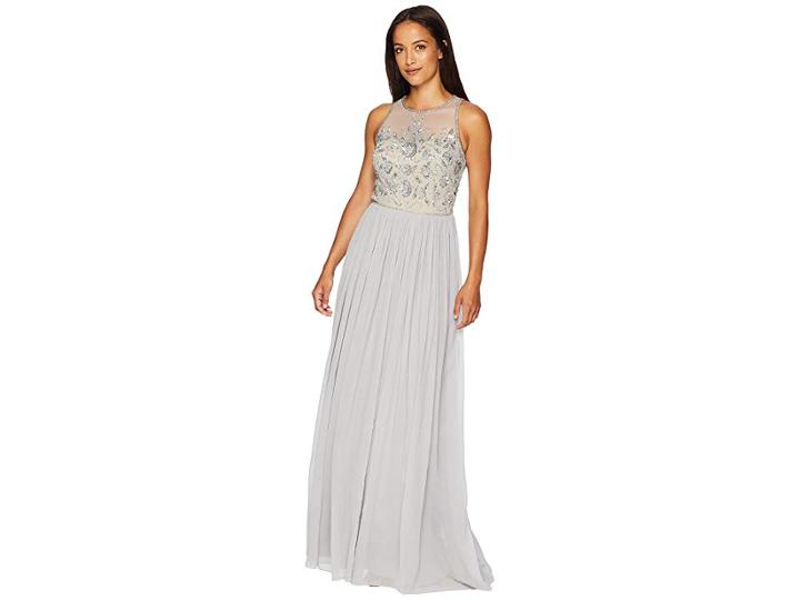 Adrianna Papell Sleeveless Illusion Bead Bodice With Crinkle Chiffon Skirt (bridal Silver) Women's Dress
