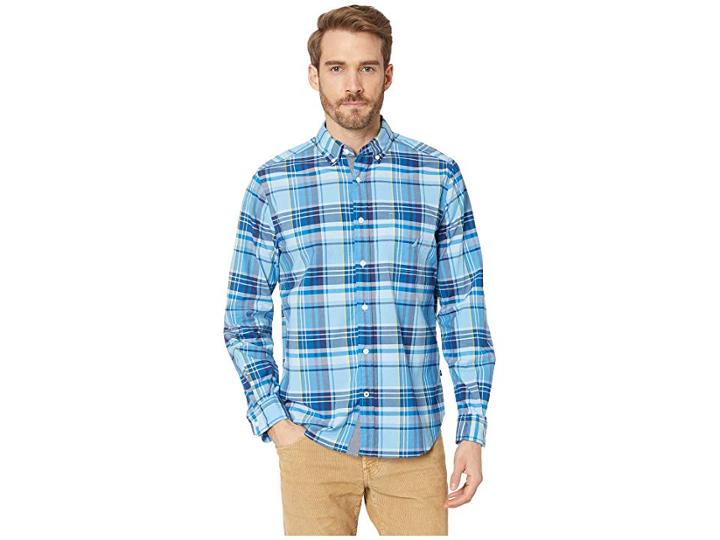 Nautica Long Sleeve Classic Fit Plaid Shirt (alaskian Blue) Men's Clothing