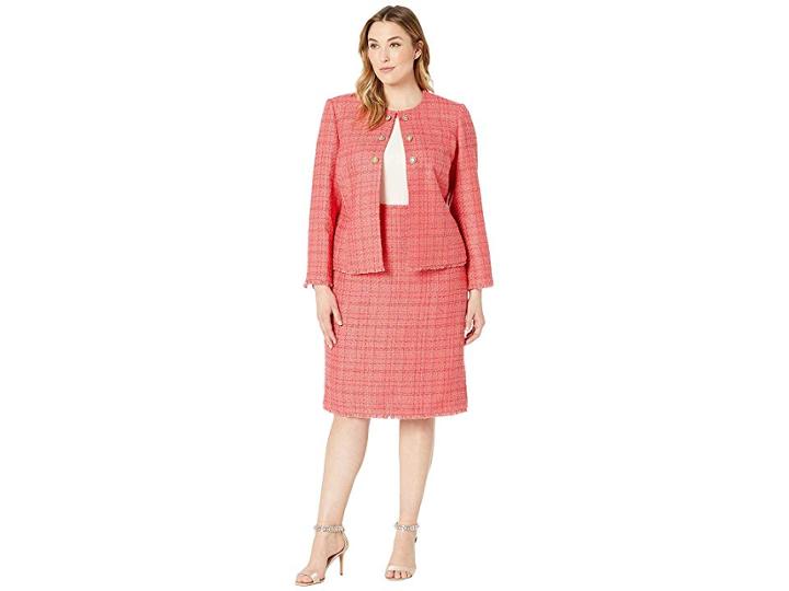 Tahari By Asl Plus Size Boucle Skirt Suit With Gold Finish Trim (coral) Women's Suits Sets