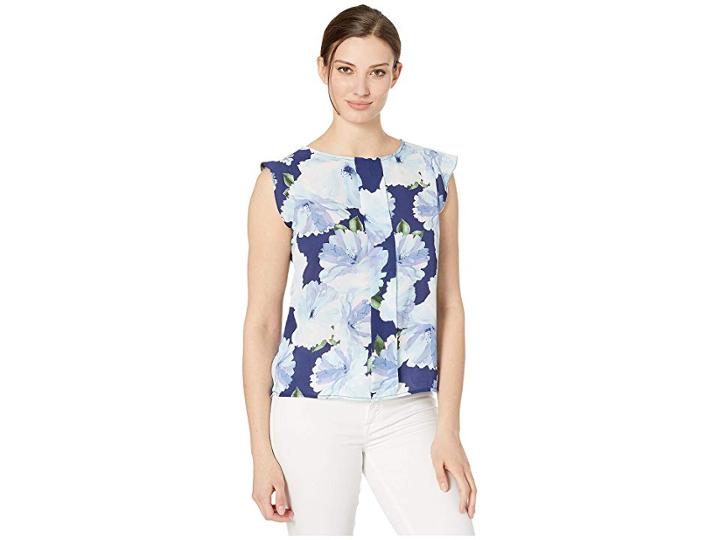 Tahari By Asl Cap Sleeve Pleat Front Top (navy Floral) Women's Blouse