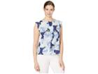 Tahari By Asl Cap Sleeve Pleat Front Top (navy Floral) Women's Blouse