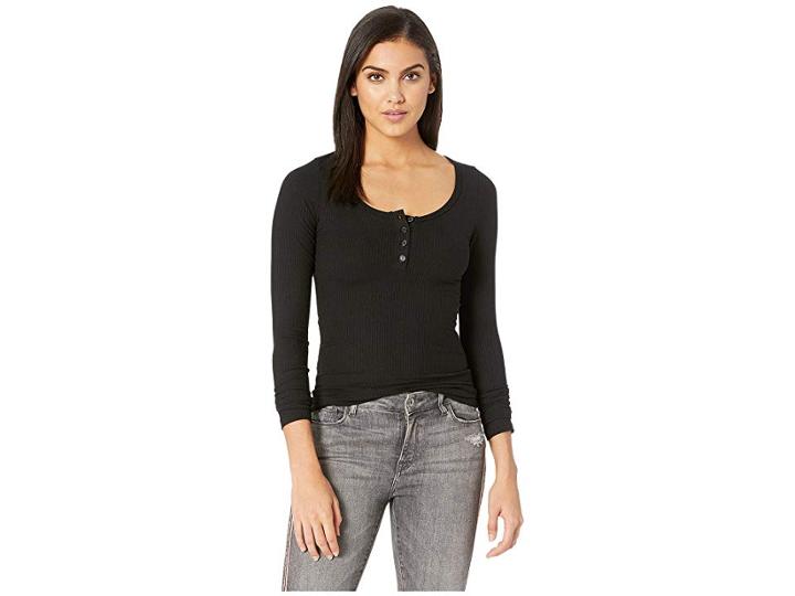 Lna Chriselle Rib Henley (black) Women's Long Sleeve Pullover