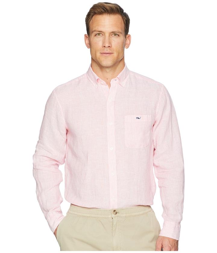 Vineyard Vines Cooper's Town Stripe Classic Linen Tucker Shirt (sunset Pink) Men's Clothing
