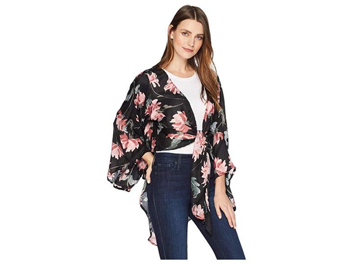 Collection Xiix Large Floral Tie Front Kimono (black) Women's Clothing
