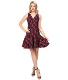 Maggy London Shadow Floral Jacquard Deep V-neck Fit And Flare Dress (red/navy) Women's Dress
