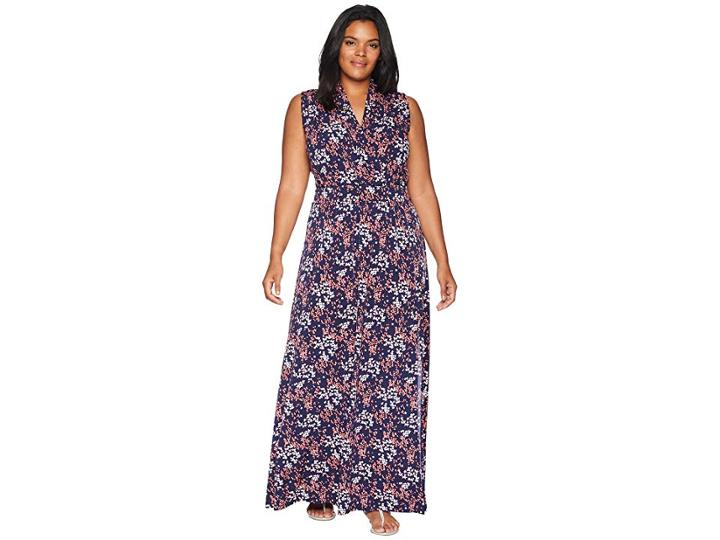 Michael Michael Kors Plus Size Scatter Blooms Slit Maxi Dress (true Navy/bright Blush) Women's Dress
