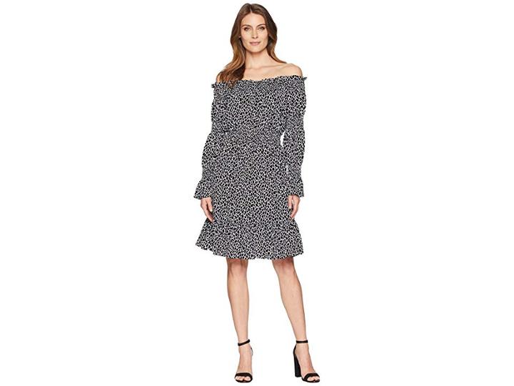 Michael Michael Kors Graphic Leopard Off Shoulder Dress (white/black) Women's Dress