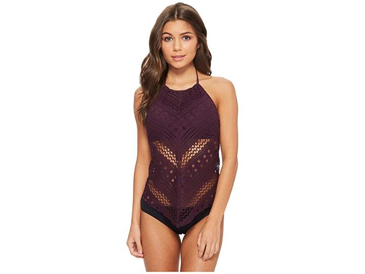Bleu Rod Beattie Crochet Ole Fly Away High Neck Crochet Tankini (aubergine) Women's Swimwear