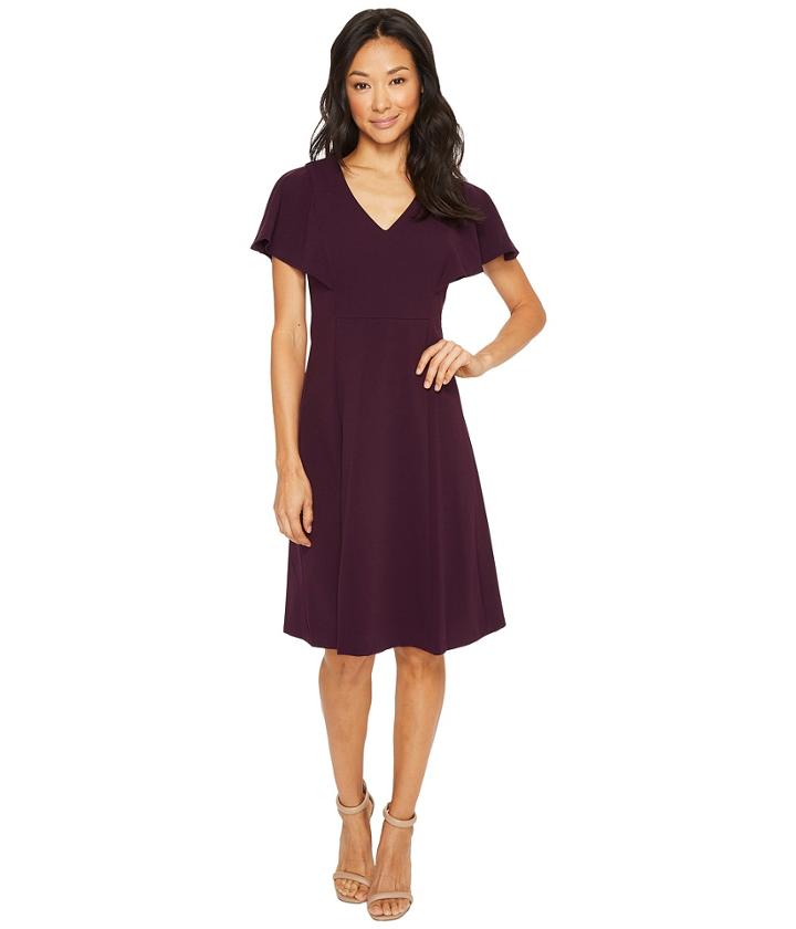 Calvin Klein V-neck Flutter Sleeve Fit Flare Dress Cd7c146l (aubergine) Women's Dress