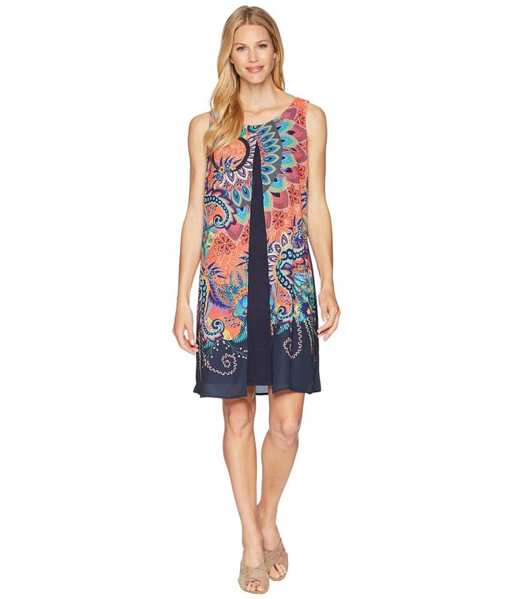 Tribal Printed Georgette Sleeveless Dress With Printed Overlay (jade) Women's Dress