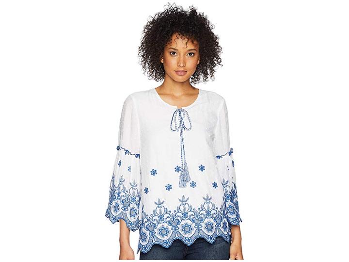 Karen Kane Embroidered Bell Sleeve Top (off-white) Women's Clothing