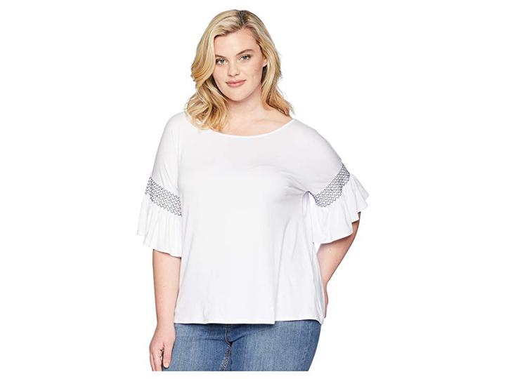 Vince Camuto Specialty Size Plus Size Drop Shoulder Smocked Ruffle Sleeve Top (ultra White) Women's Clothing