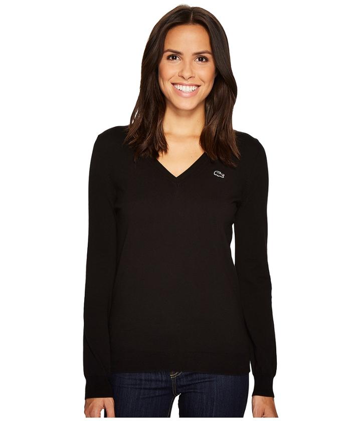 Lacoste Classic Cotton V-neck Sweater (black) Women's Sweater