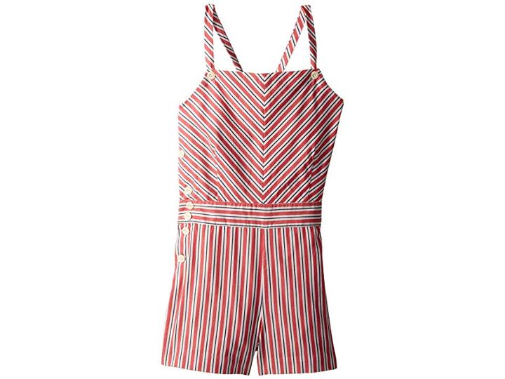 Polo Ralph Lauren Kids Striped Bow-back Cotton Romper (little Kids/big Kids) (red/white Multi) Girl's Jumpsuit & Rompers One Piece
