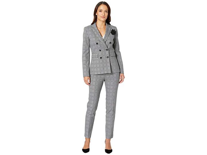 Tahari By Asl Peak Lapel Double Breasted Floral Applique Pants Suit (black/white/blue) Women's Suits Sets