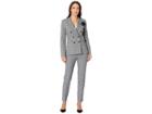 Tahari By Asl Peak Lapel Double Breasted Floral Applique Pants Suit (black/white/blue) Women's Suits Sets