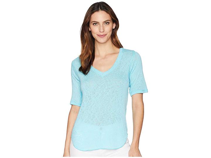 Nally & Millie Elbow Sleeve V-neck Top (aqua) Women's Clothing