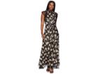 Tahari By Asl Floral High Neck With Lace Sleeve A-line Gown (black/lemon/blush) Women's Dress