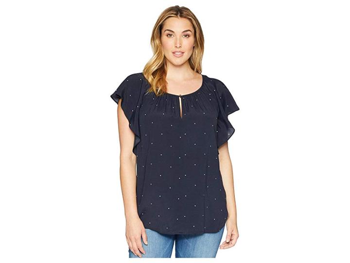 Vince Camuto Specialty Size Plus Size Soho Pindot Flutter Sleeve Keyhole Blouse (classic Navy) Women's Blouse