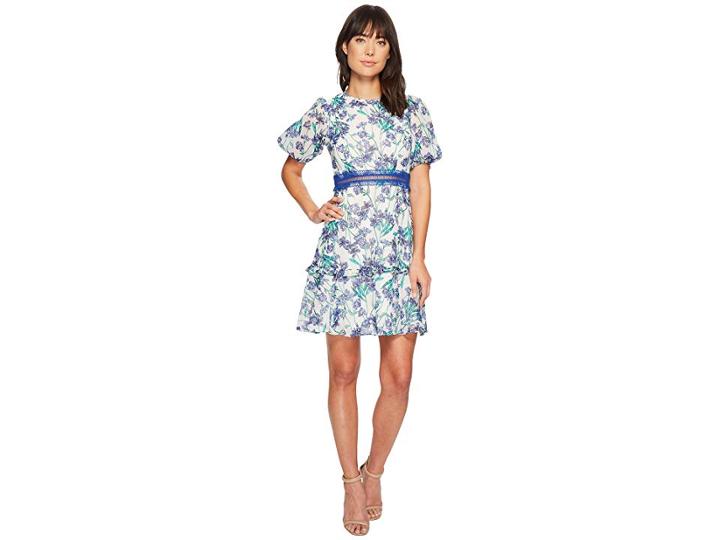 Donna Morgan Short Sleeve Printed Chiffon Fit And Flare Dress With Faggoting Waist Detail (ivory/royal Blue Multi) Women's Dress