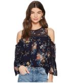 Lucky Brand Printed Cold Shoulder Top (navy Multi) Women's Long Sleeve Pullover