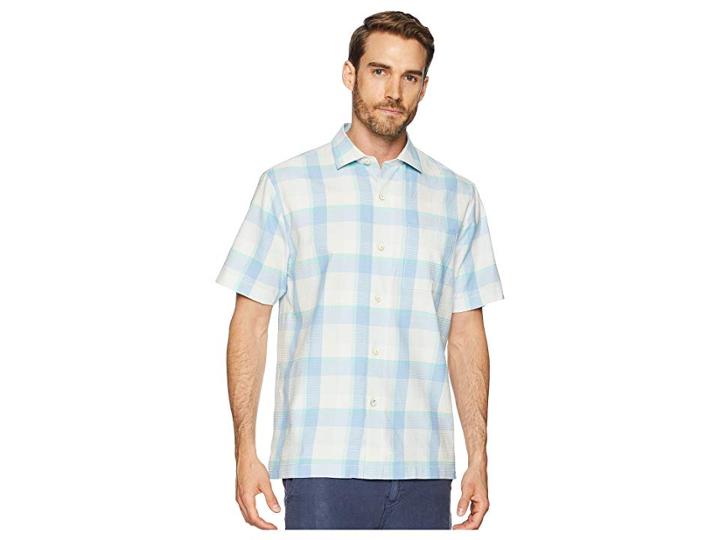 Tommy Bahama Poza Rica Plaid Camp Shirt (mountain Bluebell) Men's Clothing