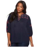 Lucky Brand Plus Size Lace-up Embroidered Top (american Navy) Women's Long Sleeve Pullover